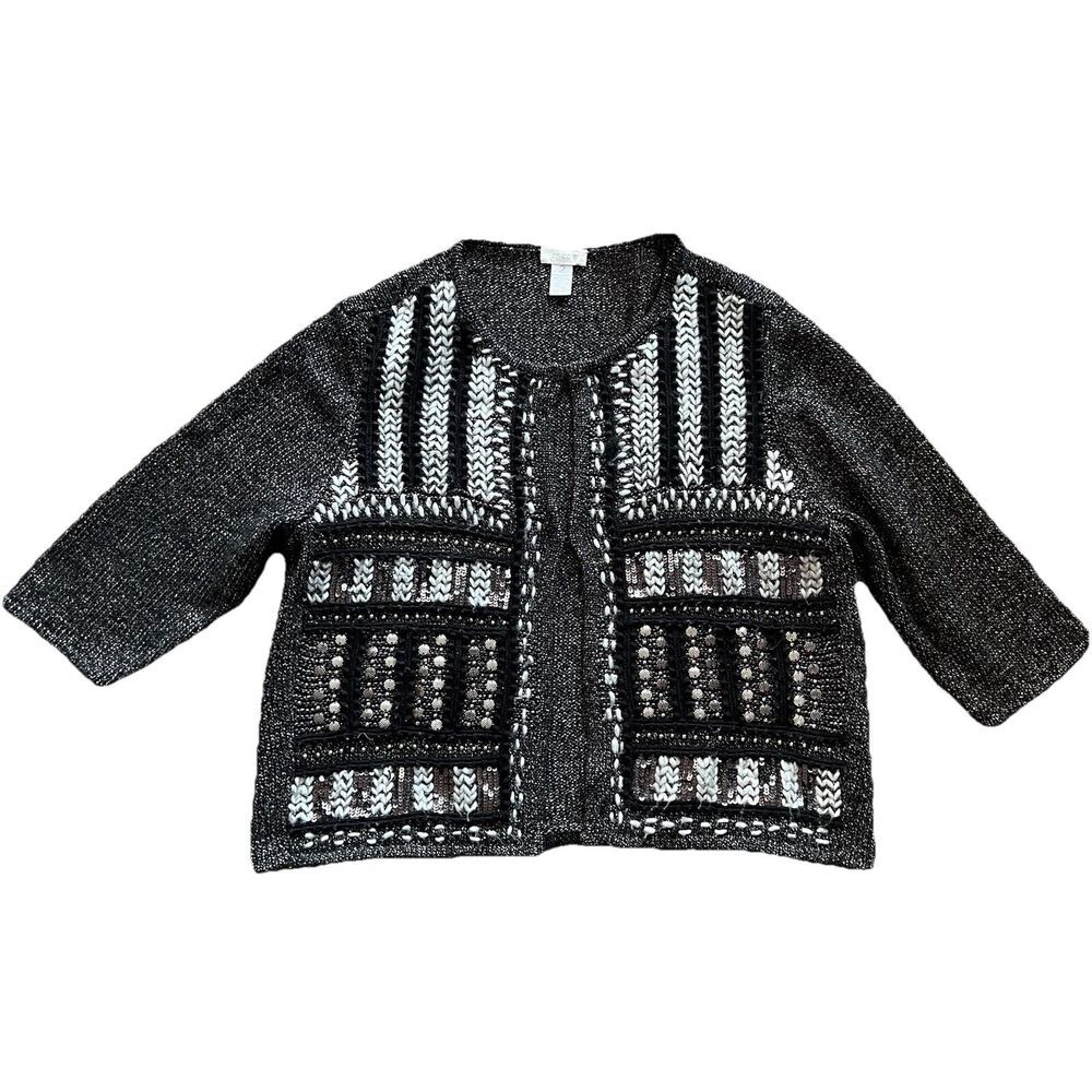 Chicos‎ Womens Cardigan Size 2 Large Gray Silver 3/4 Sleeve